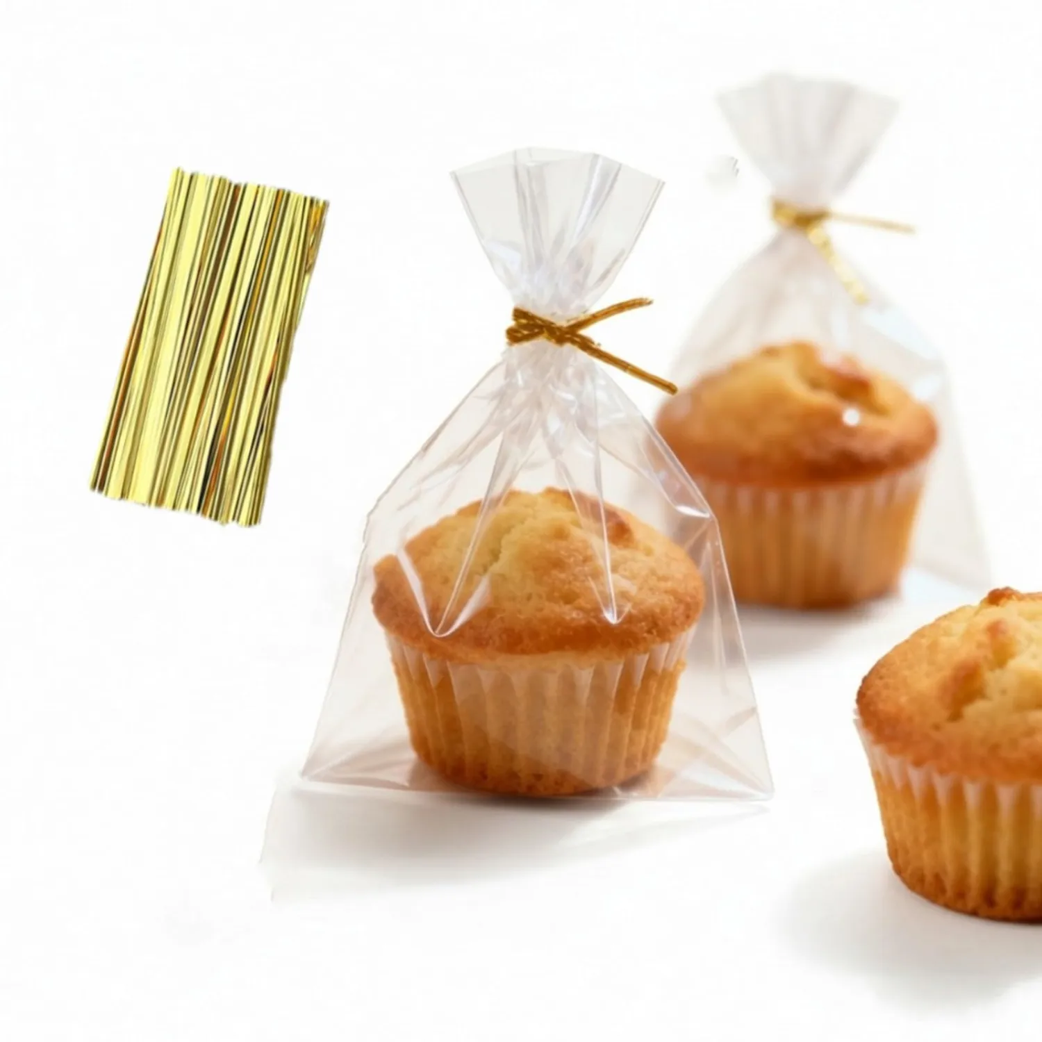 JCXGRVC 200 Pack 6"x7"x2.4" Cellophane Muffin Bags with Gold Twist Ties Flat Bottom Food Safe Bakery Packaging for Cupcakes Cookies Brownies Strawberries Macarons Perfect for Party Favors Catering