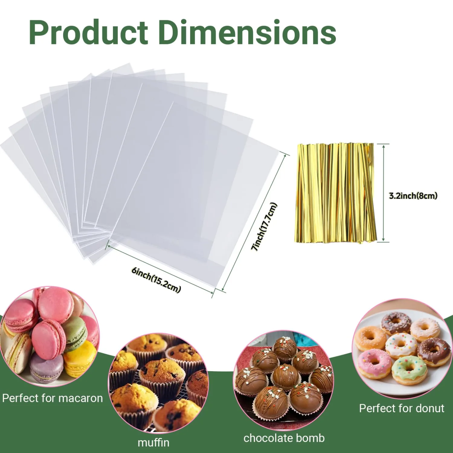 JCXGRVC 200 Pack 6"x7"x2.4" Cellophane Muffin Bags with Gold Twist Ties Flat Bottom Food Safe Bakery Packaging for Cupcakes Cookies Brownies Strawberries Macarons Perfect for Party Favors Catering