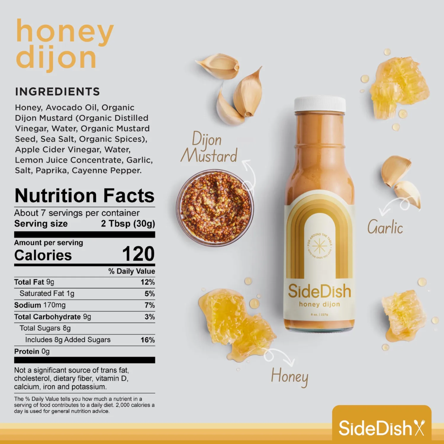 SideDish Honey Dijon Dressing – Seed Oil Free Made w/Avocado Oil – Refined Sugar Free, Dairy & Gluten Free Dip & Marinade – Paleo Honey Mustard Dressing for Dips, Sauces - 8 fl oz