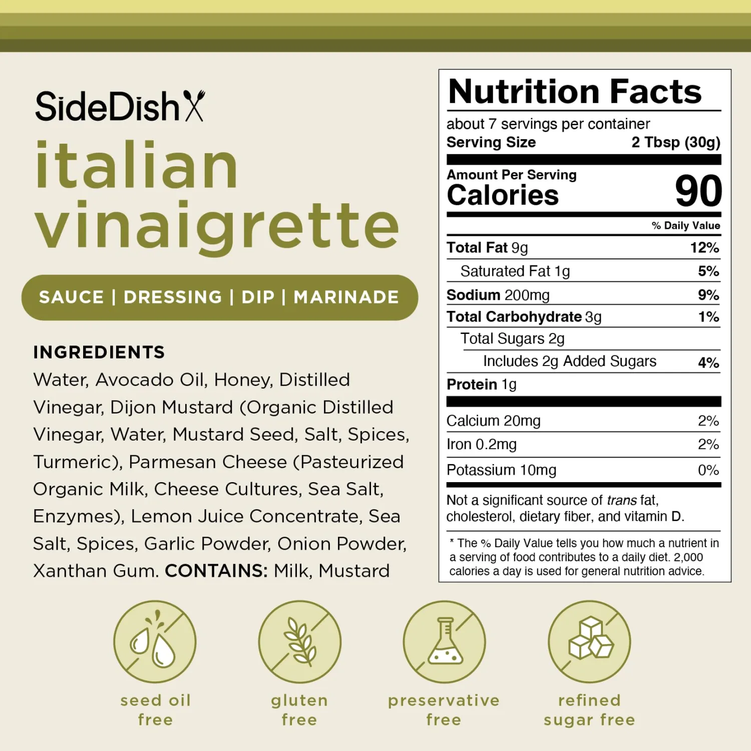 SideDish Italian Vinaigrette with Avocado Oil, Parmesan Cheese - Gluten Free, Preservative Free, Seed Oil Free, Refined Sugar Free - Perfect Salad Dressing, Marinade & More - Tangy & Savory - 8 fl oz