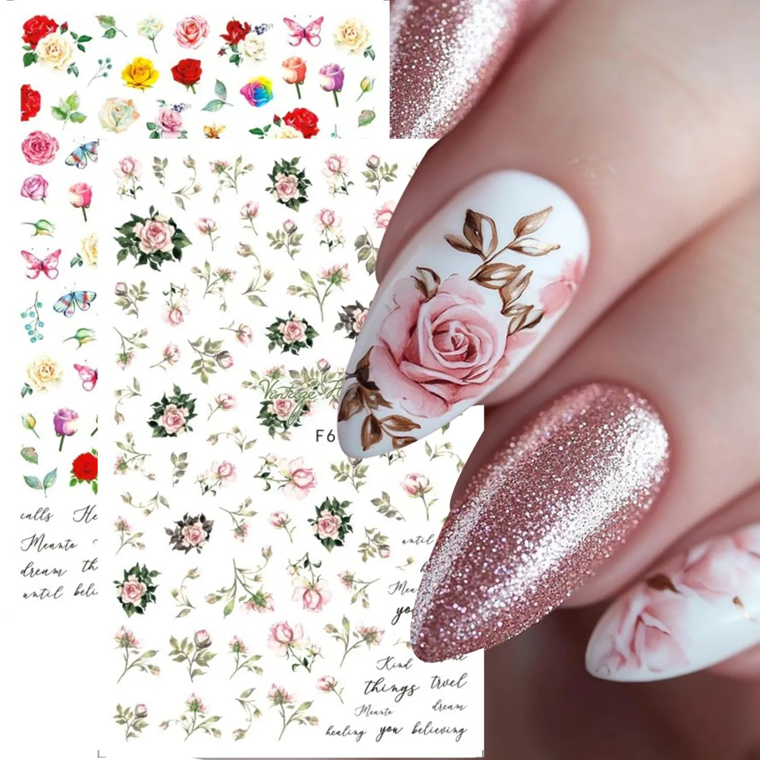 Rose Flower Nail Stickers Decals 12 PCS Romantic Red Pink Rose Nail Art Stickers 3D Self-Adhesive Floral Blossom DIY Designs for Valentine's Day Manicure Decoration Nails Supplies Accessories