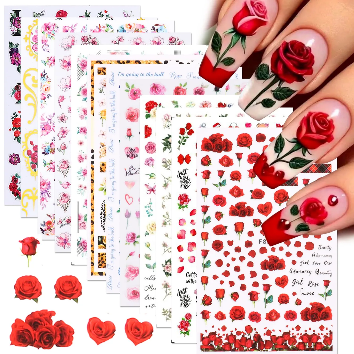 Rose Flower Nail Stickers Decals 12 PCS Romantic Red Pink Rose Nail Art Stickers 3D Self-Adhesive Floral Blossom DIY Designs for Valentine's Day Manicure Decoration Nails Supplies Accessories