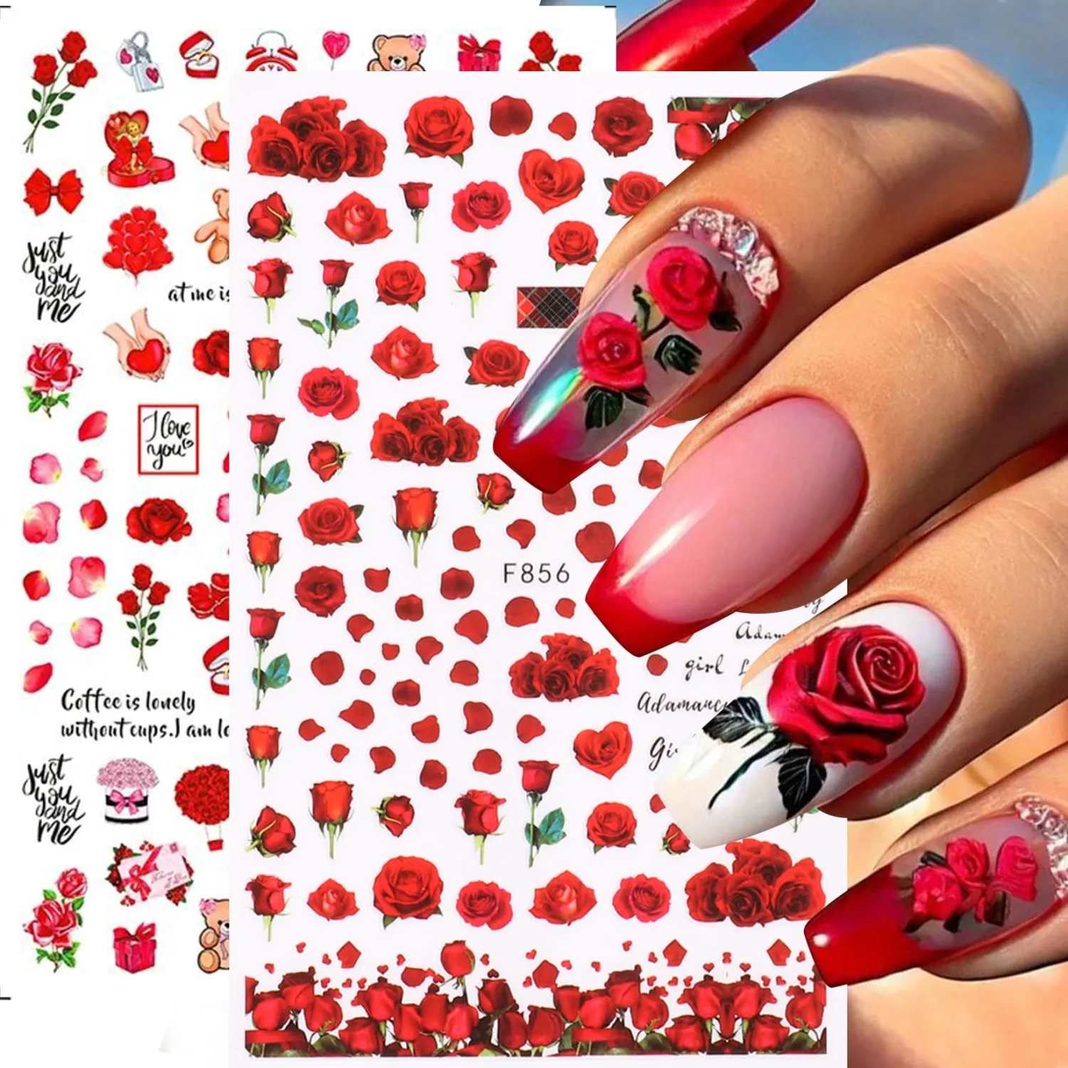 Rose Flower Nail Stickers Decals 12 PCS Romantic Red Pink Rose Nail Art Stickers 3D Self-Adhesive Floral Blossom DIY Designs for Valentine's Day Manicure Decoration Nails Supplies Accessories