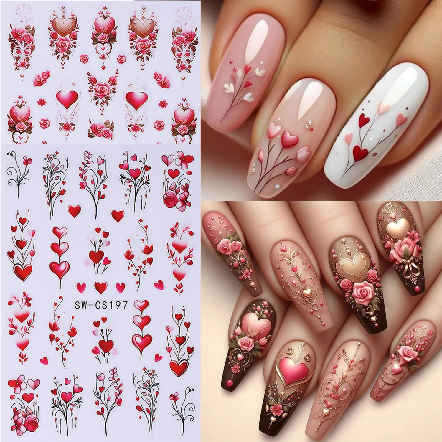 Valentine's Day Nail Art Stickers 12 Sheets 3D Self-Adhesive Heart Nail Decals with Tweezers Romantic Love Hearts Flower Lips Balloon Leopard Designs Brown Pink Slider for Women Nails Art Decoration