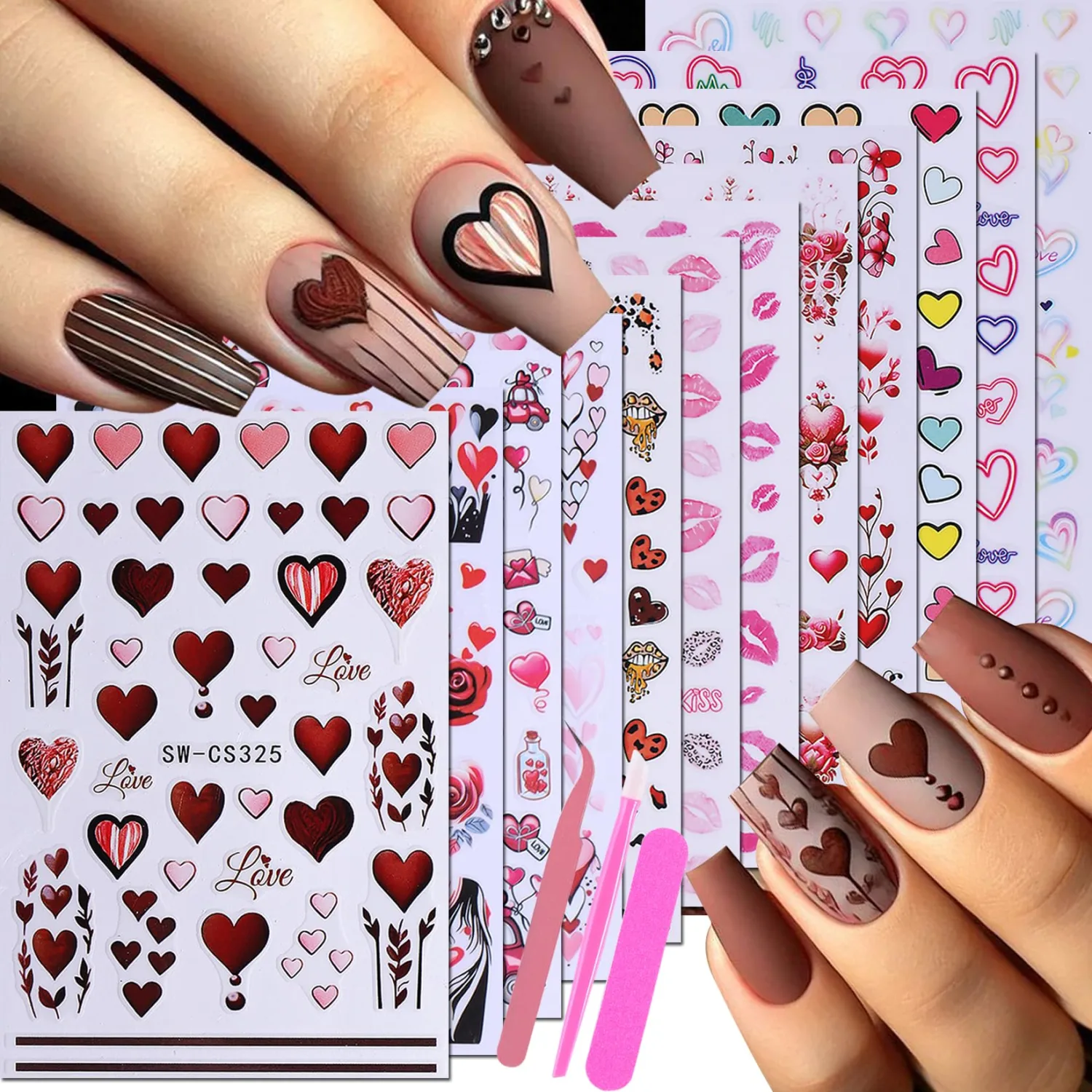 Valentine's Day Nail Art Stickers 12 Sheets 3D Self-Adhesive Heart Nail Decals with Tweezers Romantic Love Hearts Flower Lips Balloon Leopard Designs Brown Pink Slider for Women Nails Art Decoration