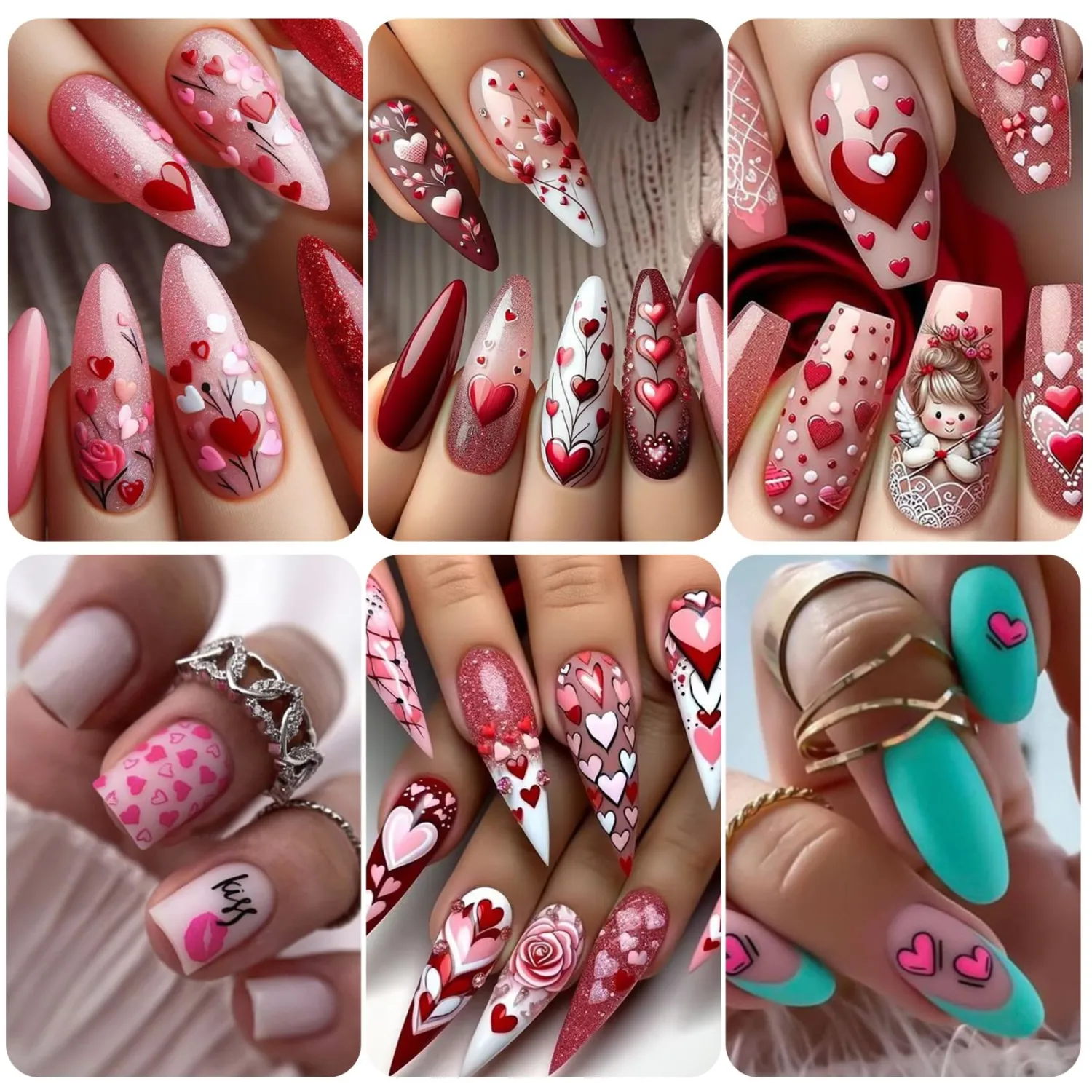 Valentine's Day Nail Art Stickers 12 Sheets 3D Self-Adhesive Heart Nail Decals with Tweezers Romantic Love Hearts Flower Lips Balloon Leopard Designs Brown Pink Slider for Women Nails Art Decoration