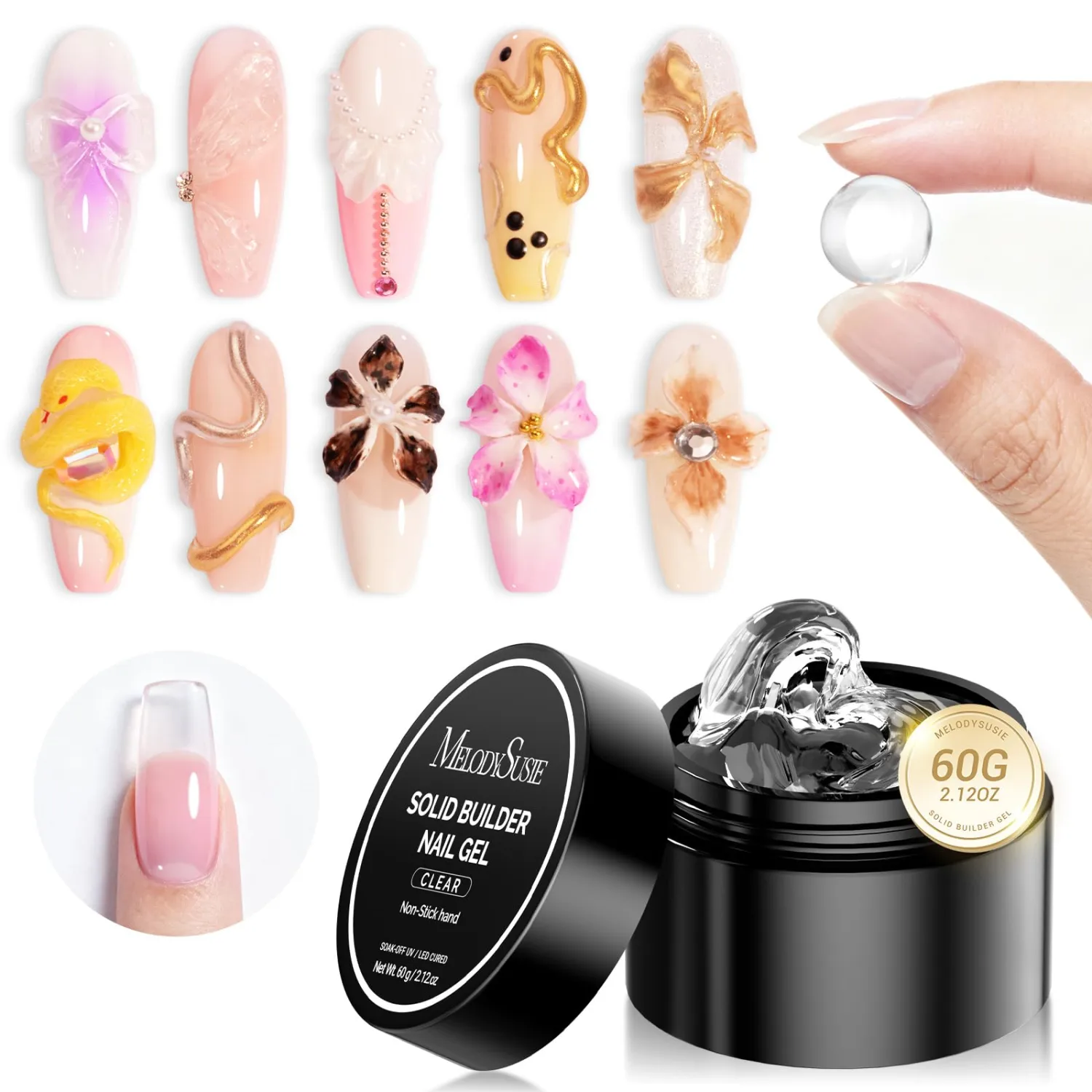 MelodySusie Solid Builder Nail Gel 3D Gel Nail Art 4 in 1 Non-Sticky for Extension UV Glue for Acrylic Nails Clear 60ML