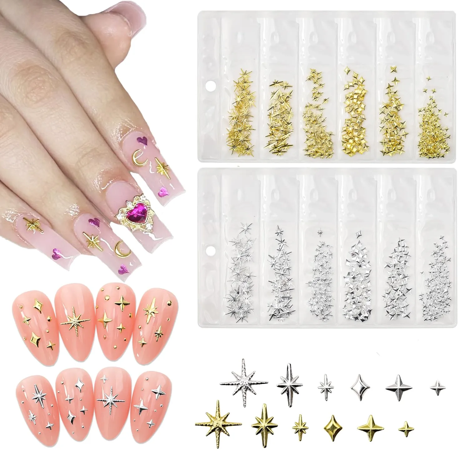 400Pcs Star Nail Charms for Nails Art 3D Silver Gold Star Nail Charms Metallic Studs Rhinestones Star Nail Jewelry Decorations Manicure Supplies Accessories for DIY Craft (GS400)