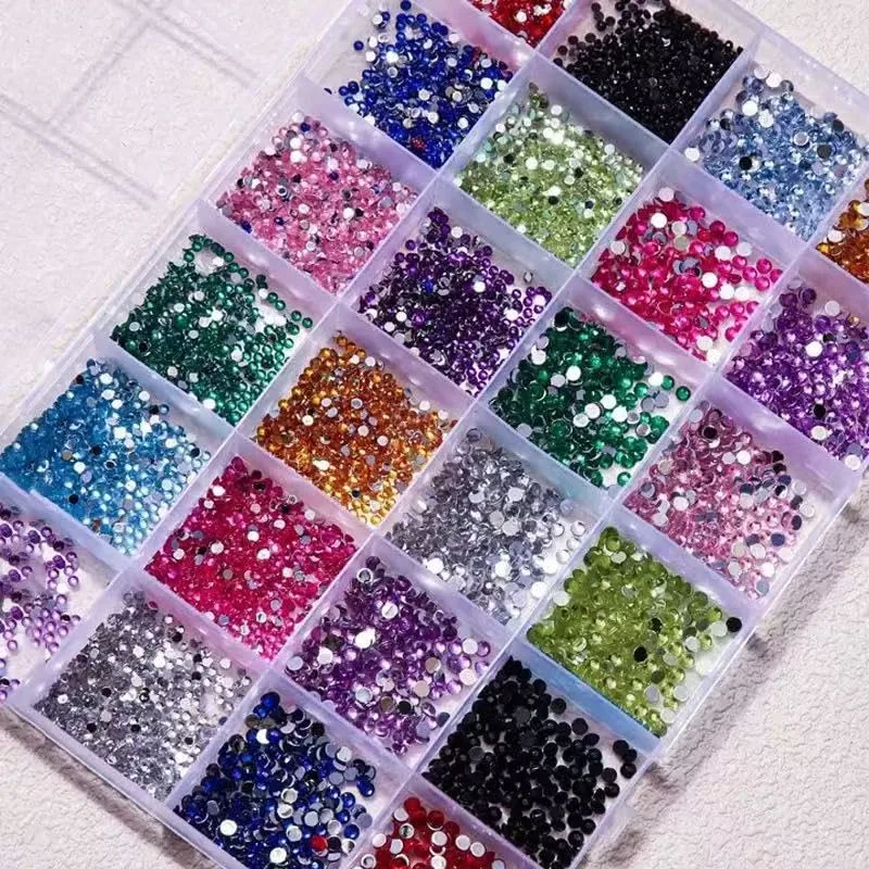 24Grid Nail Art Rhinestone Flatback Gems Crystals Diamond for Nail Decoration Round Rhinestones Kit with Pickup Pencil and Tweezer for DIY and Professional Nail Art