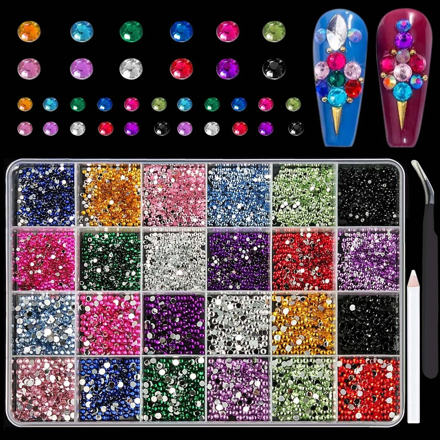 24Grid Nail Art Rhinestone Flatback Gems Crystals Diamond for Nail Decoration Round Rhinestones Kit with Pickup Pencil and Tweezer for DIY and Professional Nail Art