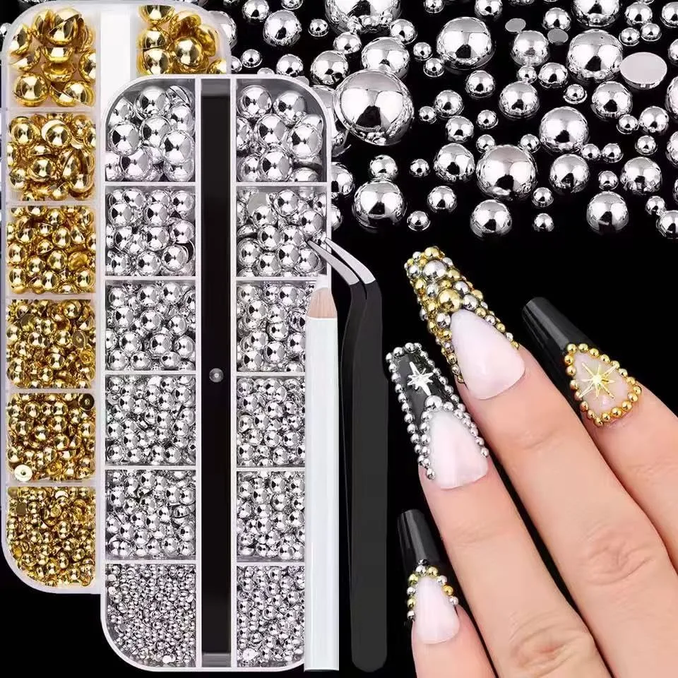 24Grid Gold Solver Nail Art Rhinestones 3D Flatback Rhinestones Pearl Nail Charms and Crystals Gems Nail Accessories for Acrylic Nail Tips Manicure Decor