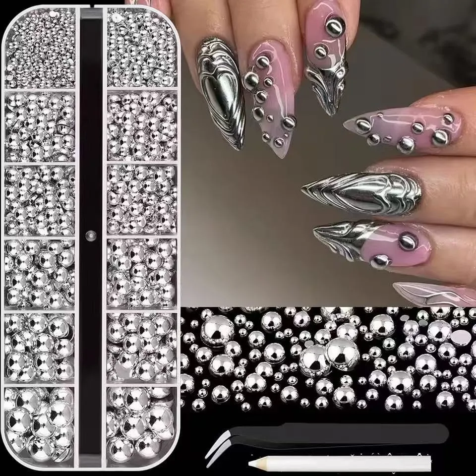 24Grid Gold Solver Nail Art Rhinestones 3D Flatback Rhinestones Pearl Nail Charms and Crystals Gems Nail Accessories for Acrylic Nail Tips Manicure Decor