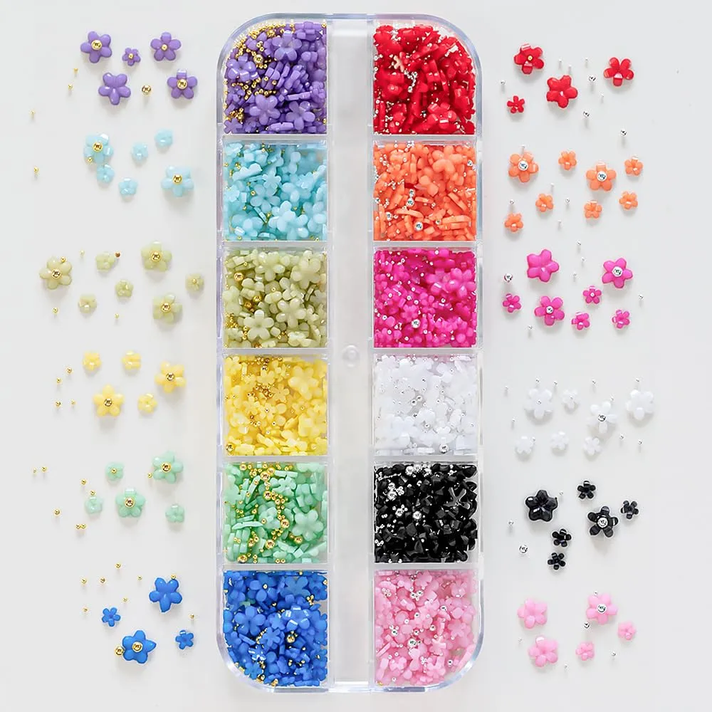 2Box 3D Flower Nail Charms Mixed Colors Flower Nail Art Charms with Gold and Sliver Rhinestone Decoration Supplies for Women