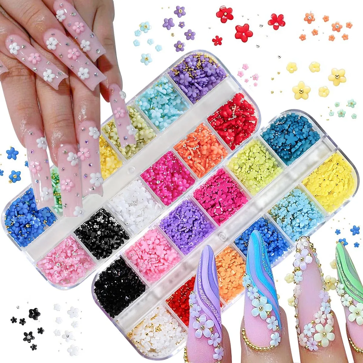 2Box 3D Flower Nail Charms Mixed Colors Flower Nail Art Charms with Gold and Sliver Rhinestone Decoration Supplies for Women