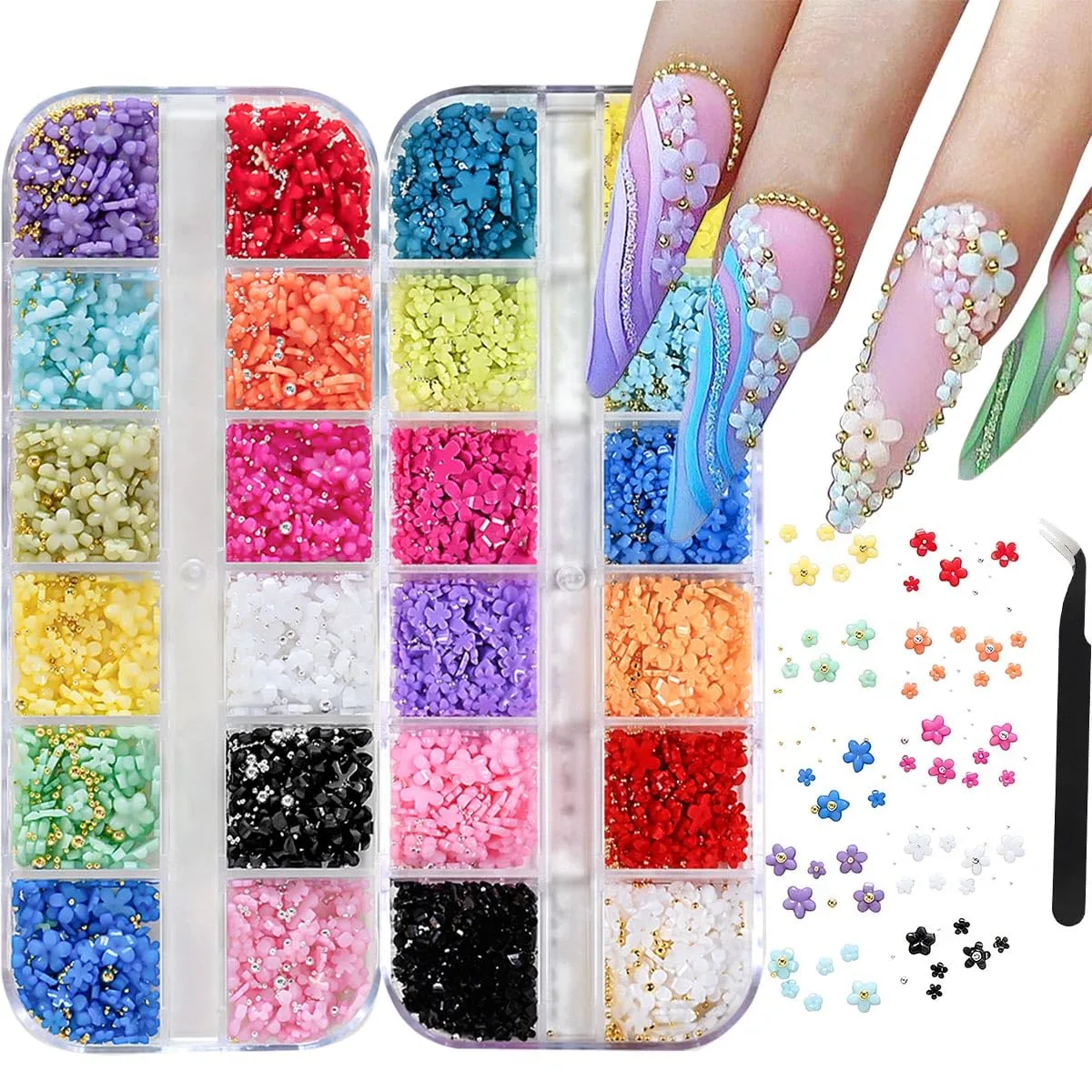 2Box 3D Flower Nail Charms Mixed Colors Flower Nail Art Charms with Gold and Sliver Rhinestone Decoration Supplies for Women