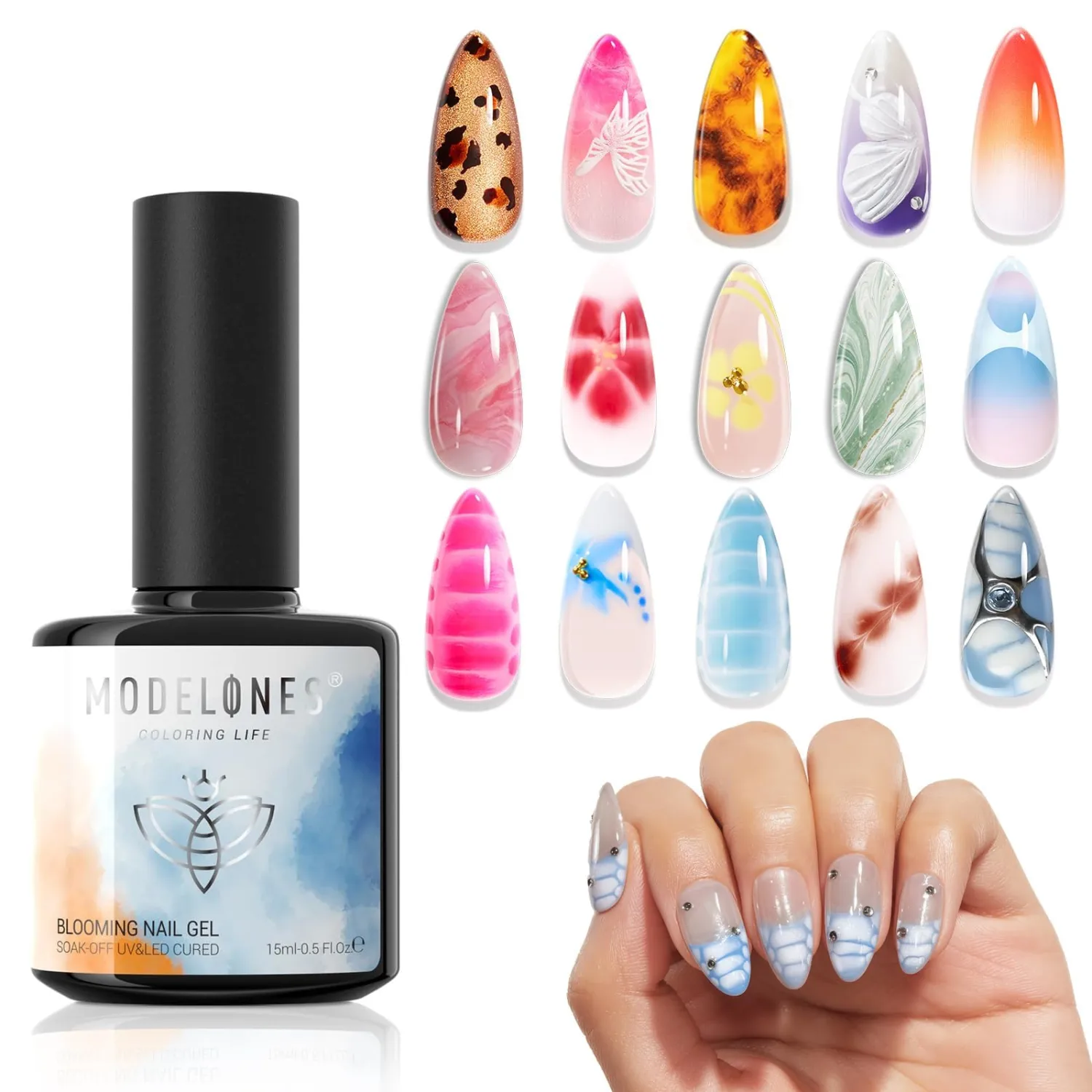 modelones Blooming Gel Nail Polish, 15 ml Clear Nail Art Accessories Stuff for Spreading Effects, Floral Print, Marble, Watercolor Design