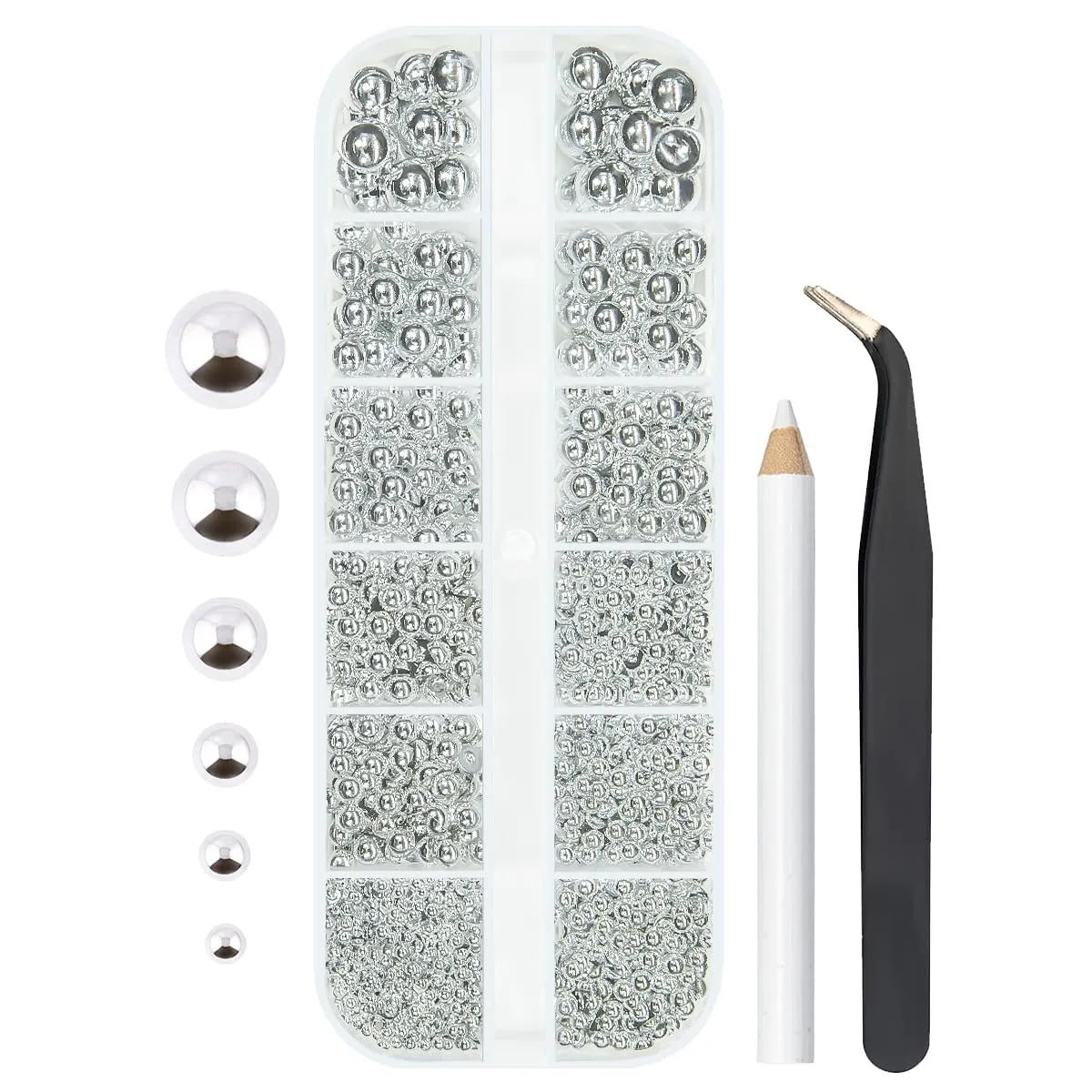 2mm-8mm ﻿Silver Flatback Pearls Nail Charms and Gems Half Round Beads w Pickup Pencil & Tweezer for Nail Art Face Eyes Makeup Tumblers Bottles DIY Crafting Bedazzling Scrapbooking Clothes Shoes