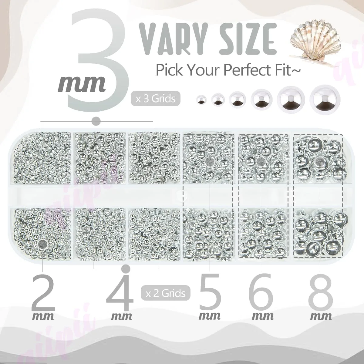 2mm-8mm ﻿Silver Flatback Pearls Nail Charms and Gems Half Round Beads w Pickup Pencil & Tweezer for Nail Art Face Eyes Makeup Tumblers Bottles DIY Crafting Bedazzling Scrapbooking Clothes Shoes