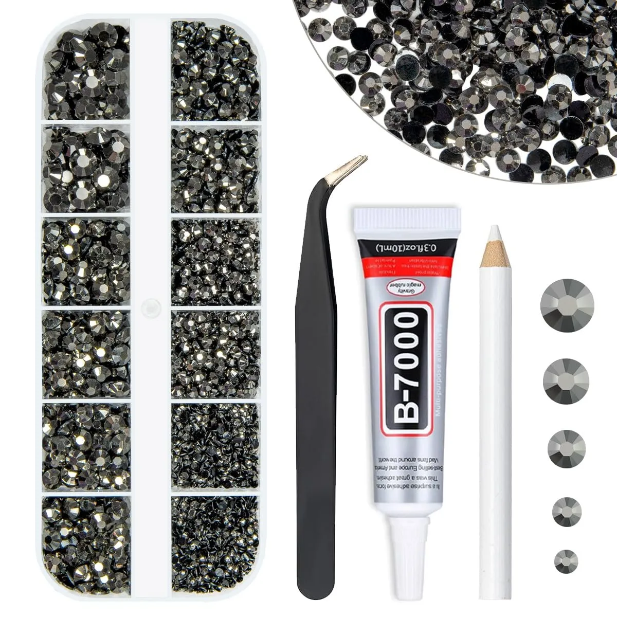 Metallic Gray Resin Rhinestones w B7000 Jewelry Glue for Bedazzling Crafting Flatback Stones 2mm 3mm 4mm 5mm 6mm Steel Grey Diamonds Crystals Gems Charms for Nails Face Makeup Tumblers Crafts