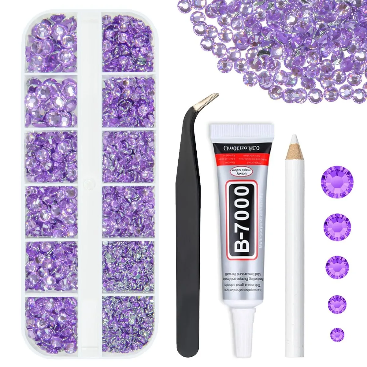 Amethyst Purple Crystal Resin Rhinestones w B7000 Jewelry Glue for Bedazzling Crafting Flatback Stones 2mm-6mm Diamonds Crystals Gems Charms for Nails Face Eyes Makeup Tumblers Bottles Crafts