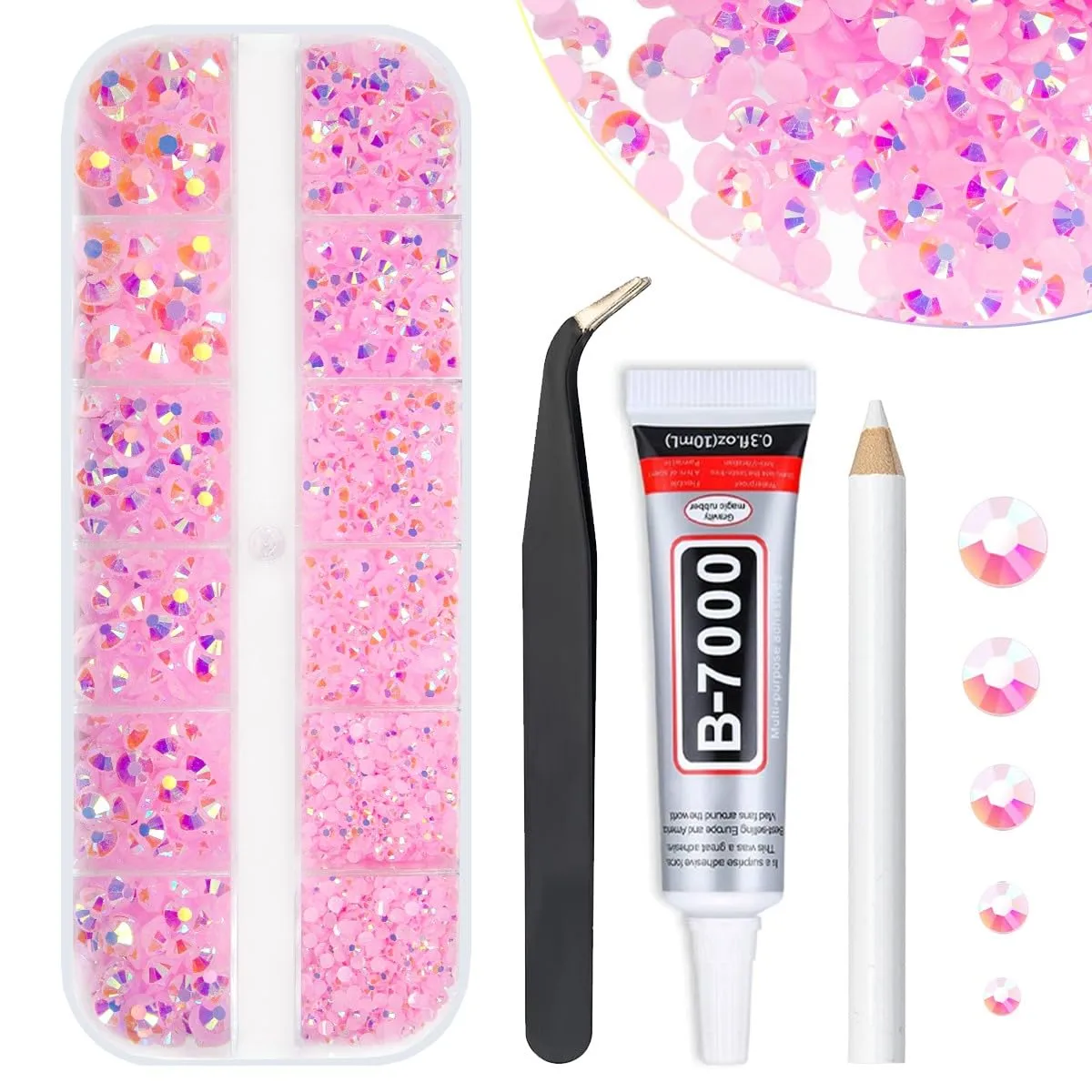 Light Pink AB Resin Rhinestones w B7000 Jewelry Glue for Bedazzling Crafting 2mm-6mm Flatback Jelly Stones Diamonds Crystals Gems Charms Supplies for Nails Face Eyes Makeup Tumblers DIY Crafts