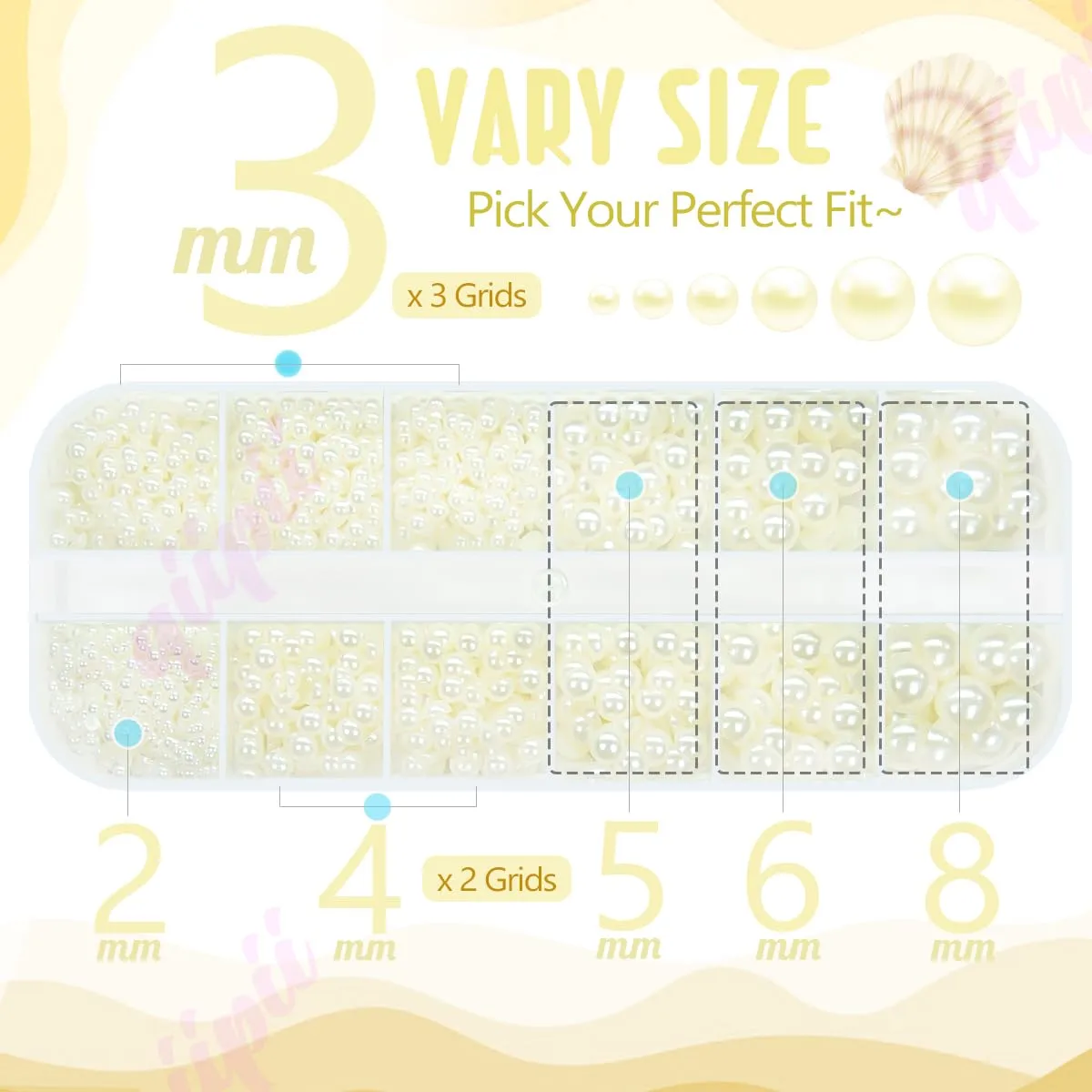2mm-8mm ﻿Beige Flatback Pearls Nail Charms Ivory White Gems Half Round Beads for Nail Art Face Eyes Makeup Tumblers Bottles DIY Crafting Bedazzling Scrapbooking Clothes Shoes Phone Case Decor