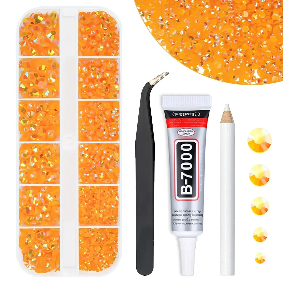 Orange AB Resin Rhinestones w B7000 Jewelry Glue for Bedazzling Crafting 2mm-6mm Tangerine‌ Orange Flatback Jelly Stones Diamonds Gems Charms for Nails Face Eyes Makeup Tumblers Bottles Crafts