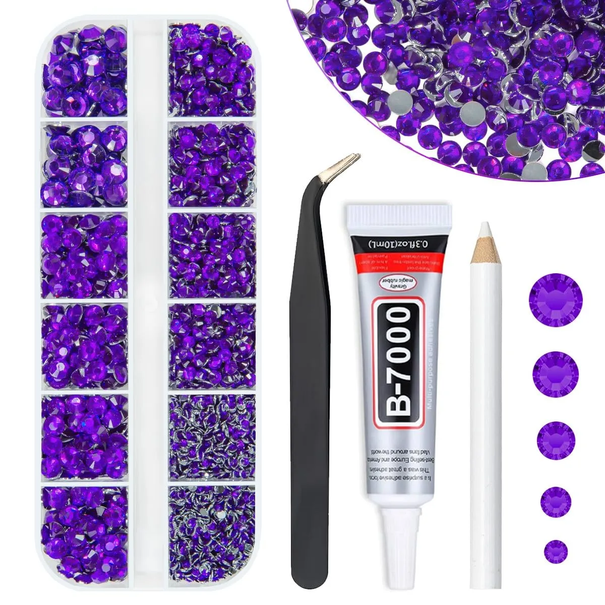 Mystique Purple Crystal Resin Rhinestones w B7000 Jewelry Glue for Bedazzling Crafting Dark Purple Flatback Stones 2mm-6mm Diamonds Crystals Gems for Nails Face Makeup Tumbler Bottles Crafts