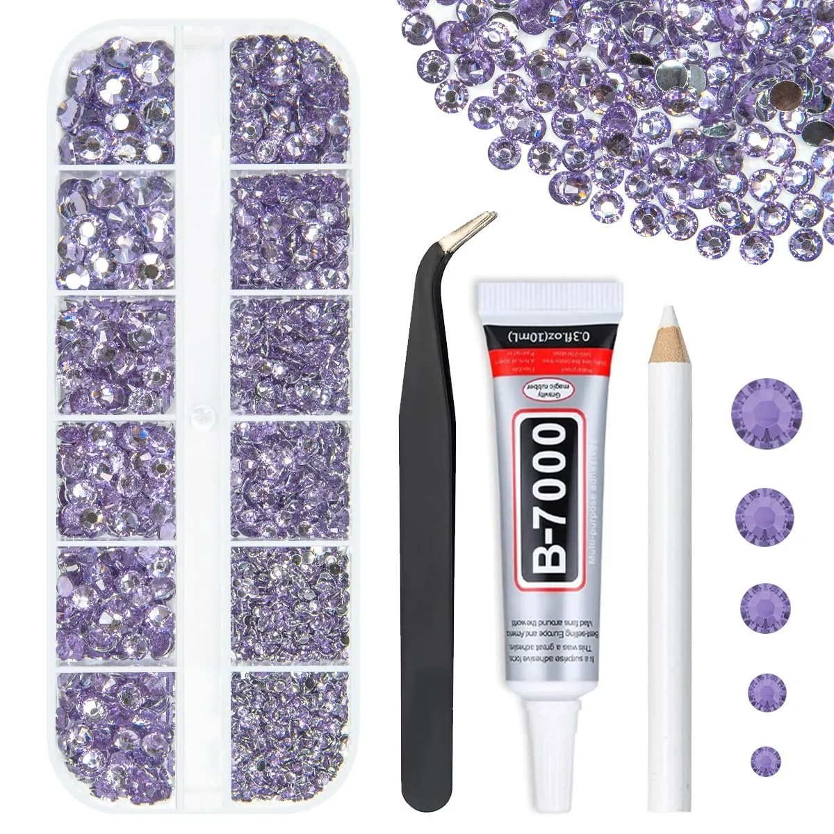 Light Purple Crystal Resin Rhinestones w B7000 Jewelry Glue for Bedazzling Crafting Flatback Stones 2mm-6mm Diamonds Crystals Gems Charms Supplies for Nails Face Eyes Makeup Tumblers DIY Crafts