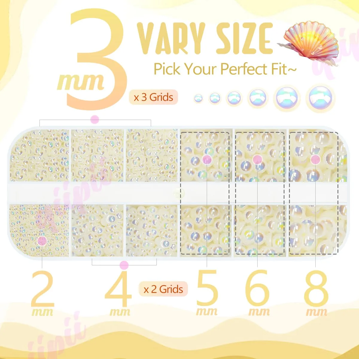 2mm-8mm ﻿Beige AB Flatback Pearls Nail Charms Ivory White AB Gems Half Round Beads for Nail Art Face Eyes Makeup Tumblers Bottles DIY Crafting Bedazzling Scrapbooking Clothes Shoes Phones Decor