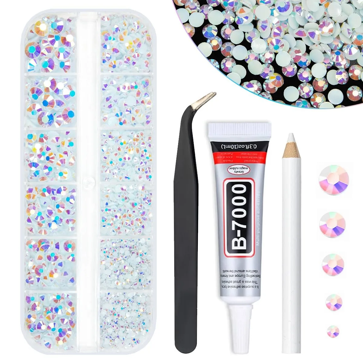 White AB Resin Rhinestones w B7000 Jewelry Glue for Bedazzling Crafting 2mm 3mm 4mm 5mm 6mm Flatback Jelly Stones Diamonds Crystals Gems Charms Supplies for Nails Face Makeup Tumblers Crafts