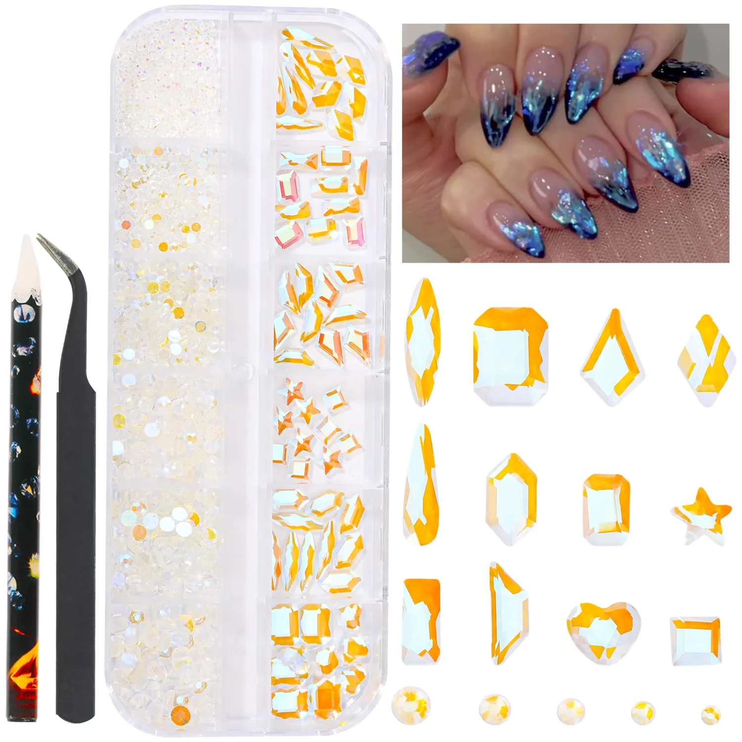 HNUIX Nail Rhinestones Kit Aurora Flatback Clear Moonlight Nail Charms Glass Gems Stones 1450Pcs Nail Art Gems Diamonds Jewels Multi Shapes Sizes Nail Charms for Nails DIY Faces Eyes Makeup
