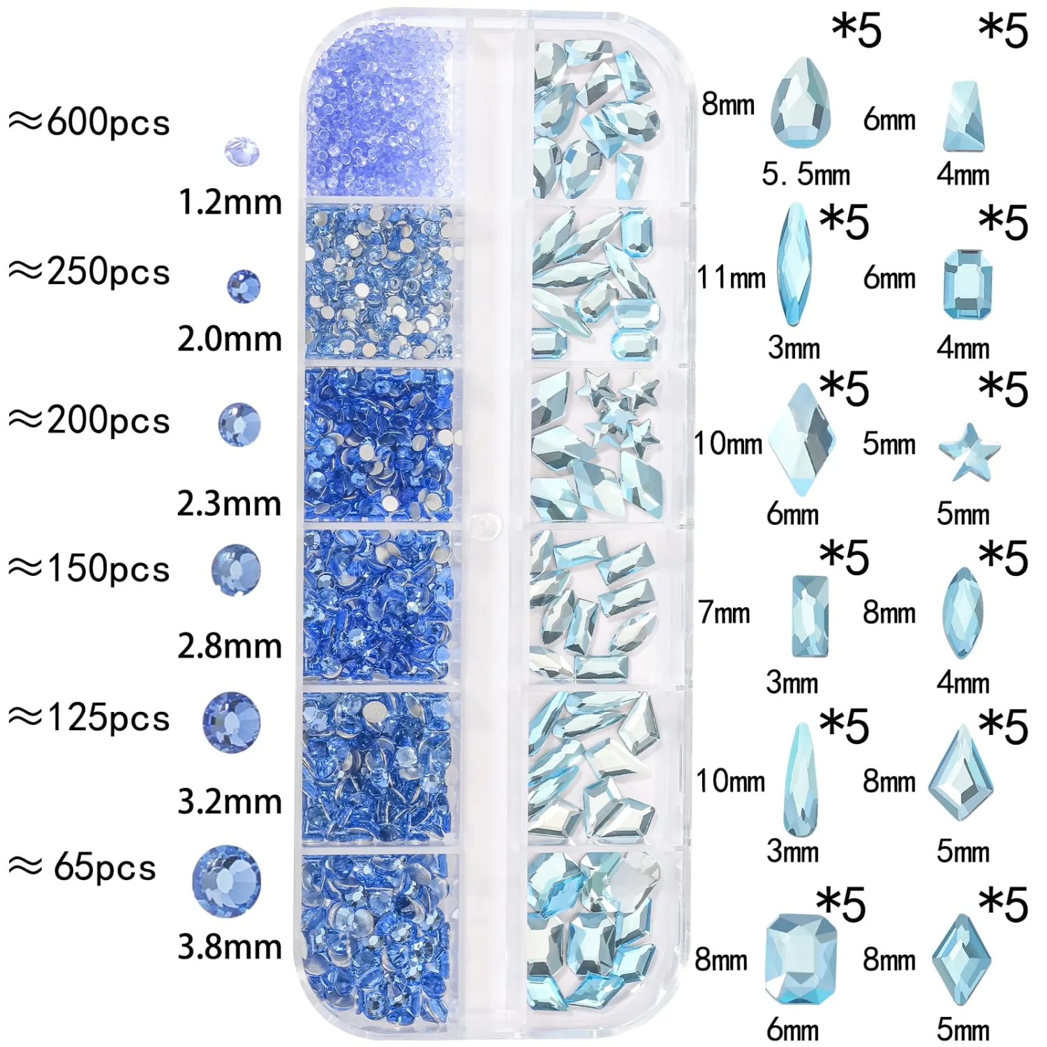 HNUIX Light Blue Nail Rhinestones Kit Flatback Crystal Water Blue Gems Stones 1450Pcs Nail Art Gems Diamonds Jewels Multi Shapes Sizes Nail Charms Tweezer & Wax Pen for Nails DIY Faces Eyes Makeup