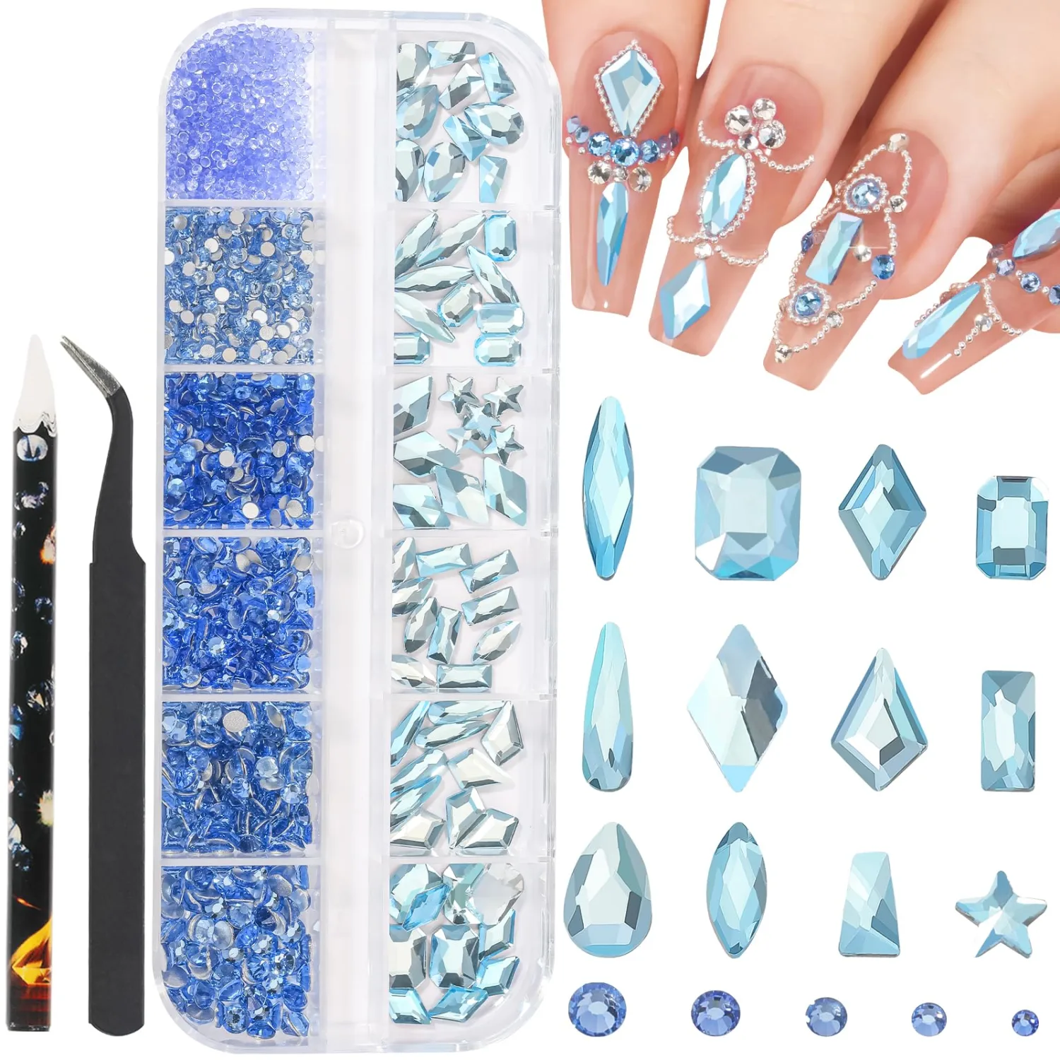 HNUIX Light Blue Nail Rhinestones Kit Flatback Crystal Water Blue Gems Stones 1450Pcs Nail Art Gems Diamonds Jewels Multi Shapes Sizes Nail Charms Tweezer & Wax Pen for Nails DIY Faces Eyes Makeup