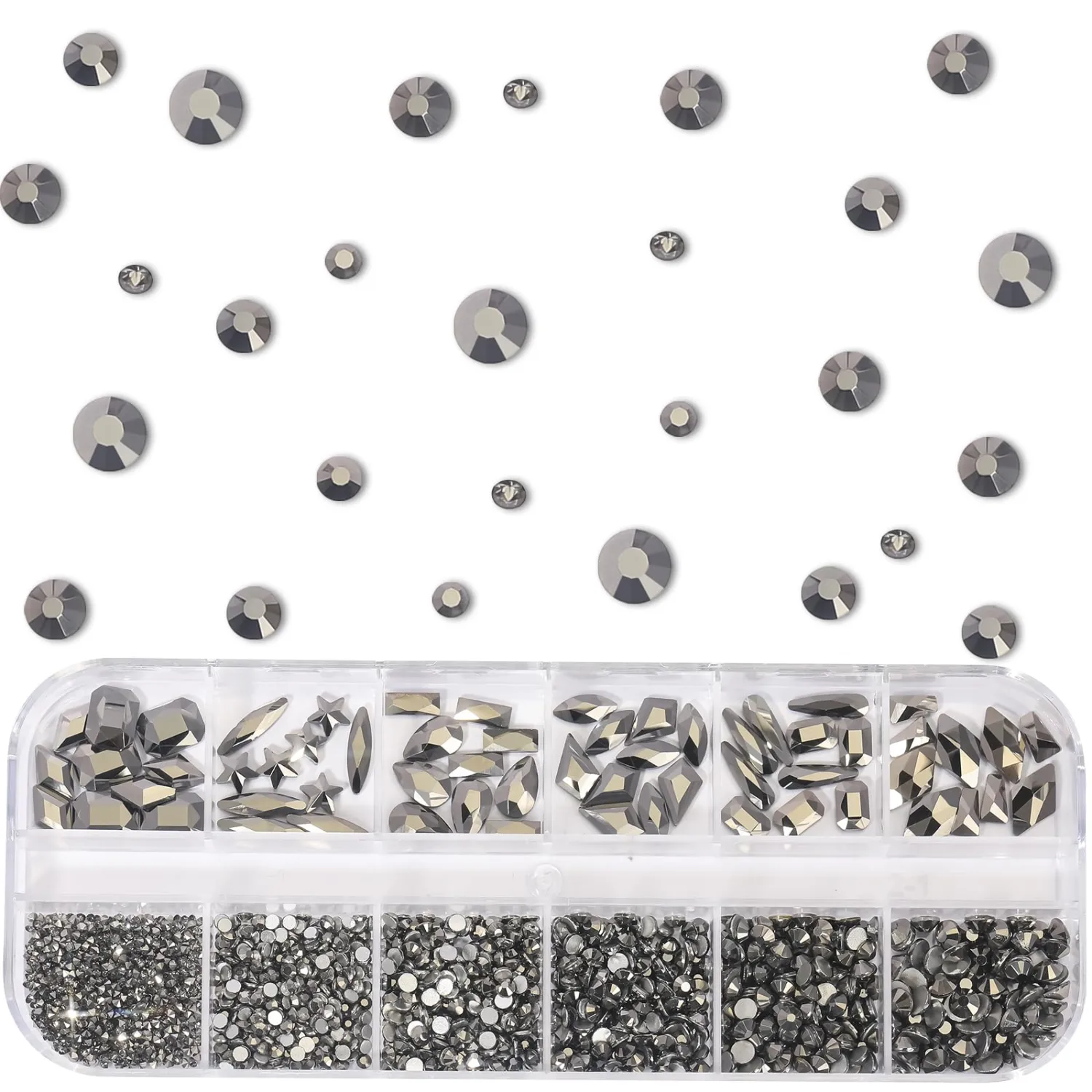 HNUIX Mine Black Nail Rhinestones Kit Flatback Crystal Mineral Grey Gems Stones 1450Pcs Nail Art Gems Diamonds Jewels Multi Shapes Sizes Nail Charms Tweezer & Wax Pen for Nails DIY Faces Eyes Makeup