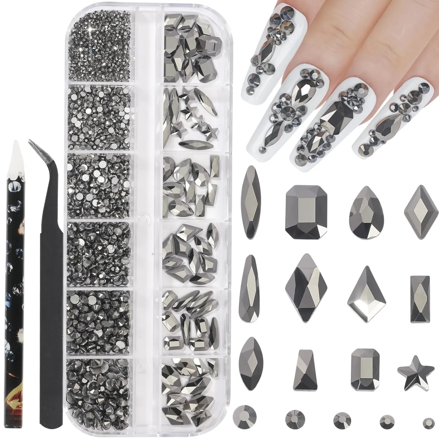 HNUIX Mine Black Nail Rhinestones Kit Flatback Crystal Mineral Grey Gems Stones 1450Pcs Nail Art Gems Diamonds Jewels Multi Shapes Sizes Nail Charms Tweezer & Wax Pen for Nails DIY Faces Eyes Makeup
