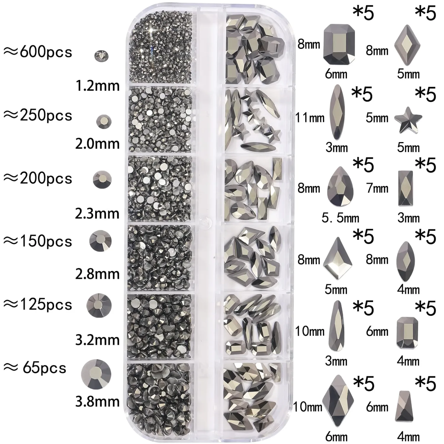 HNUIX Mine Black Nail Rhinestones Kit Flatback Crystal Mineral Grey Gems Stones 1450Pcs Nail Art Gems Diamonds Jewels Multi Shapes Sizes Nail Charms Tweezer & Wax Pen for Nails DIY Faces Eyes Makeup