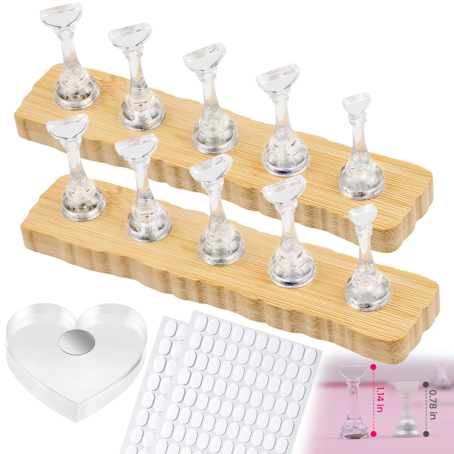 Nail Stand For Press Ons Tall Extra-High Nail Tip Holder For Painting Art Supplies Magnetic Wood Display With 1 Heart Fake Nail Stands, 200Pcs Double Sided Tape, Decorating Art Accessories Kit