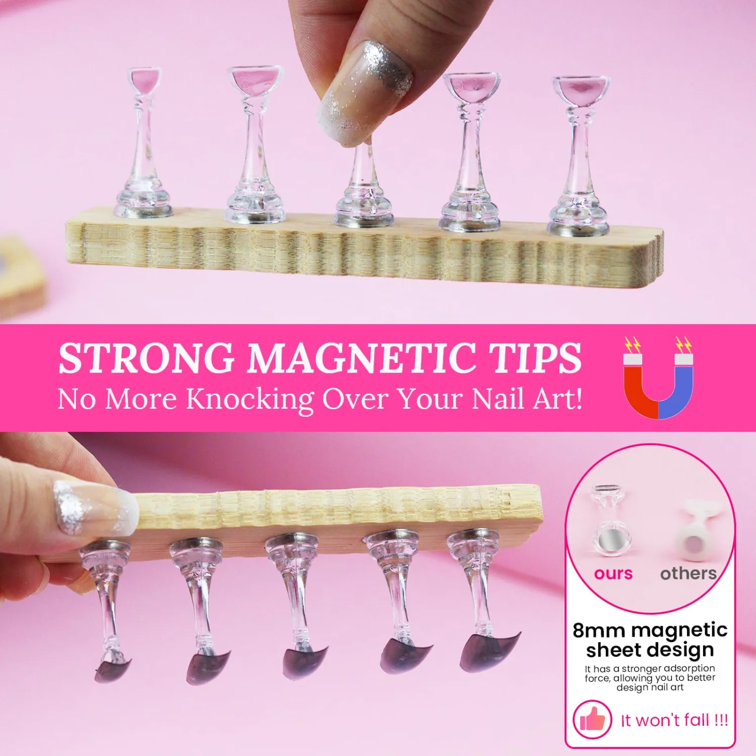 Nail Stand For Press Ons Tall Extra-High Nail Tip Holder For Painting Art Supplies Magnetic Wood Display With 1 Heart Fake Nail Stands, 200Pcs Double Sided Tape, Decorating Art Accessories Kit