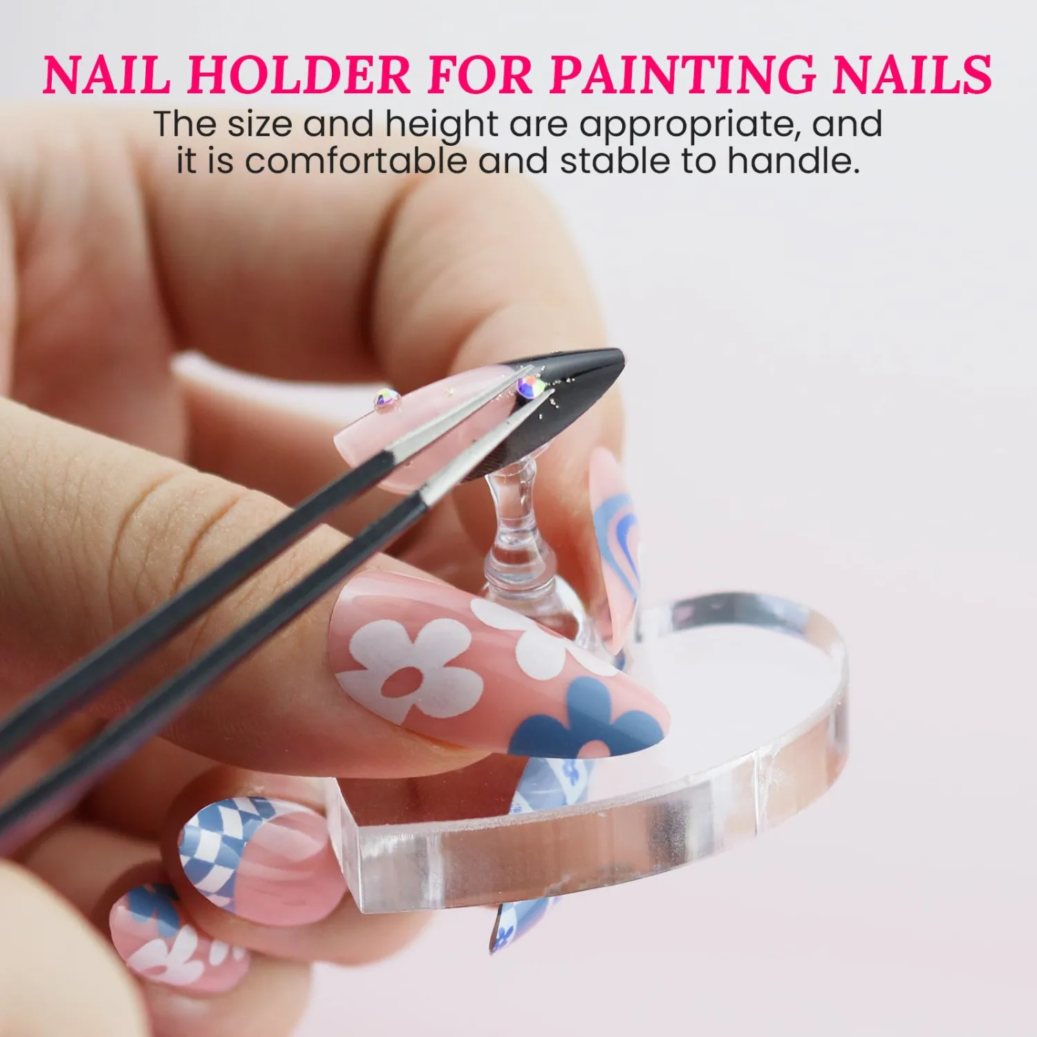 Wooden Stand for Nails Art Display Practice 2 Set, 1 Heart Shaped Acrylic Magnetic Nail Stand, Fake Nail Holder with 200 Pieces Double-sided Tape, For Home DIY Salon Supplies (Walnut, Large)