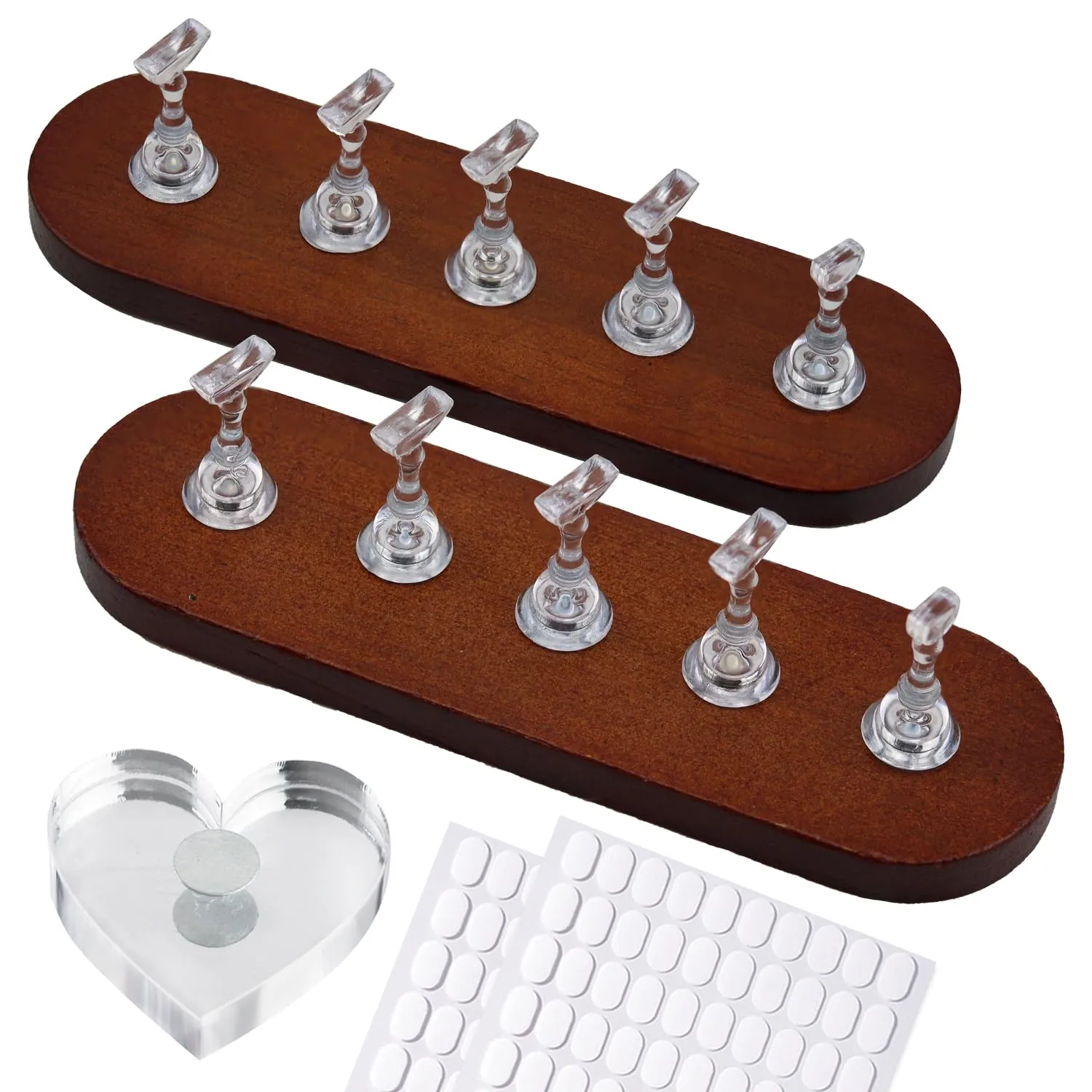 Wooden Stand for Nails Art Display Practice 2 Set, 1 Heart Shaped Acrylic Magnetic Nail Stand, Fake Nail Holder with 200 Pieces Double-sided Tape, For Home DIY Salon Supplies (Walnut, Large)