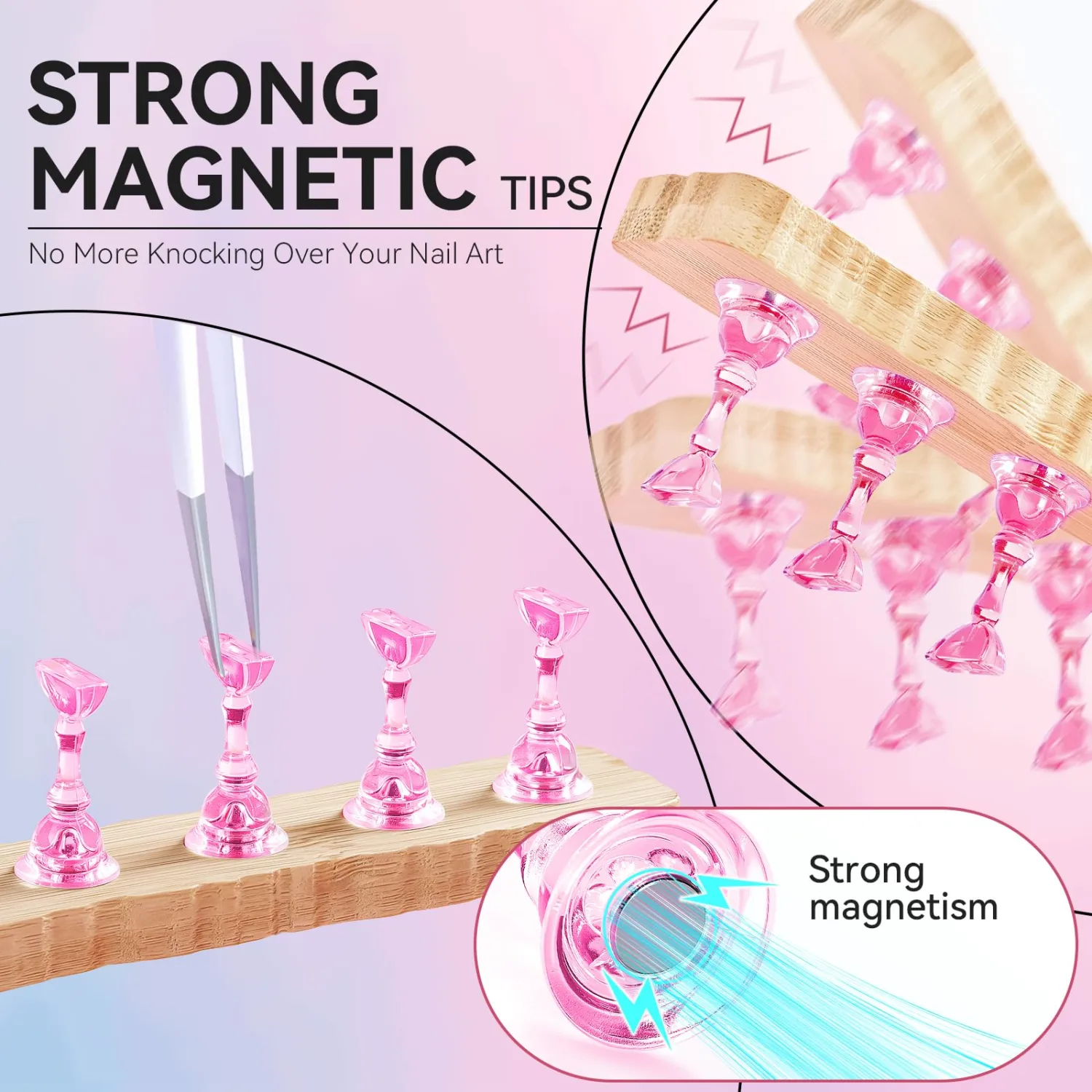 Nail Stand for Press On Art Display Practice 2 Sets, 1 Heart Acrylic Magnetic Nail Stands, Fake Nail Holder Tips, 200 PCS Double-Sided Tape, DIY Kit Home Supplies (Wood And Pink, Medium)
