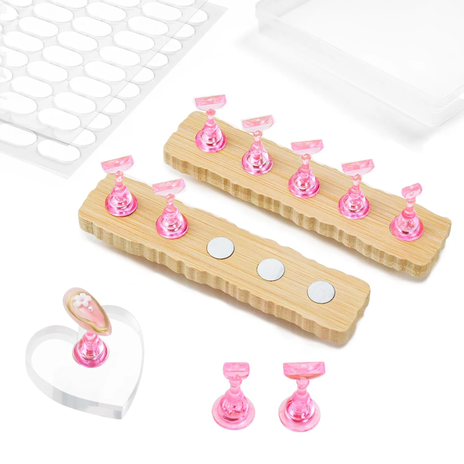 Nail Stand for Press On Art Display Practice 2 Sets, 1 Heart Acrylic Magnetic Nail Stands, Fake Nail Holder Tips, 200 PCS Double-Sided Tape, DIY Kit Home Supplies (Wood And Pink, Medium)