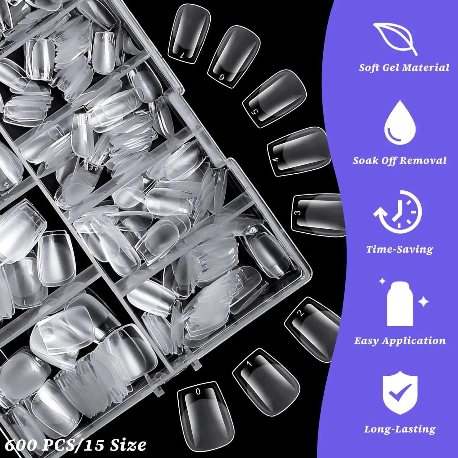 LoveOurHome 600pc Extra Short Coffin Nail Tips Clear Fake Nails XS Short Coffin Gel Nail Tips Full Cover Acrylic Nails Clear Press on Nails XS False Nail 15 Sizes Fingernail for Gel Nail Extension