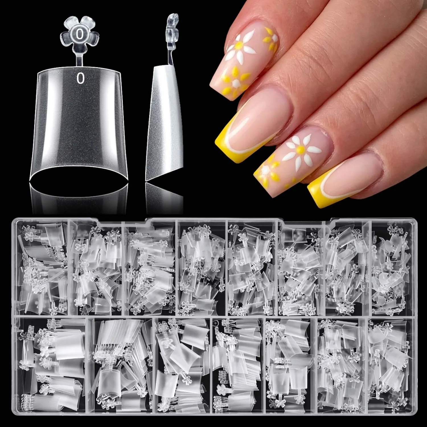 LoveOurHome 600pc French Coffin Nail Tips Clear Fake Nails Medium Coffin Gel Nail Tips Half Cover Acrylic Nails Clear Press Nail 15 Sizes False Fingernail for Gel Nail Tip Extension