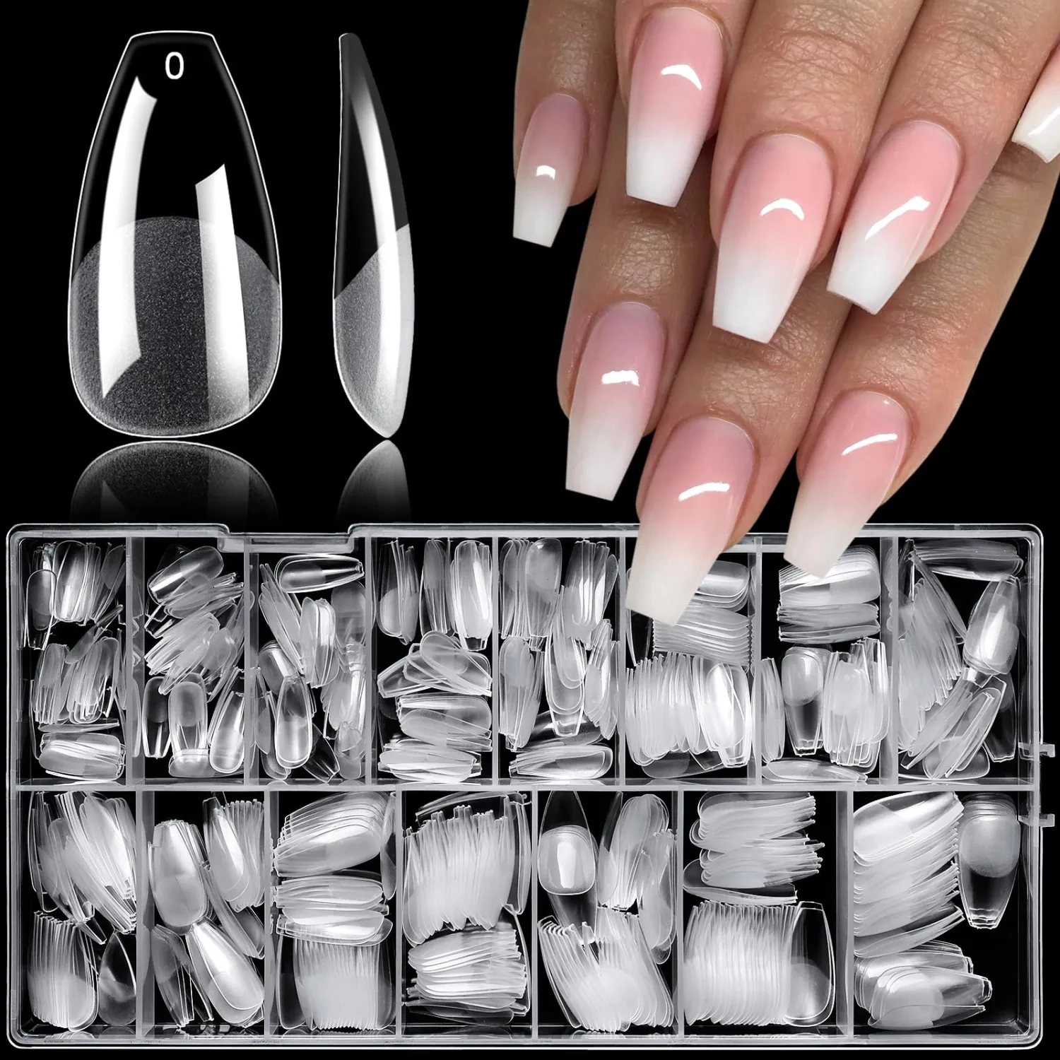 LoveOurHome 600pc Medium Coffin Nail Tips Clear Fake Nails Coffin Gel Nail Tips Full Cover Acrylic Nails Clear Press on Nails Medium False Nail 15 Sizes Fingernail for Gel Nail Tip Extension
