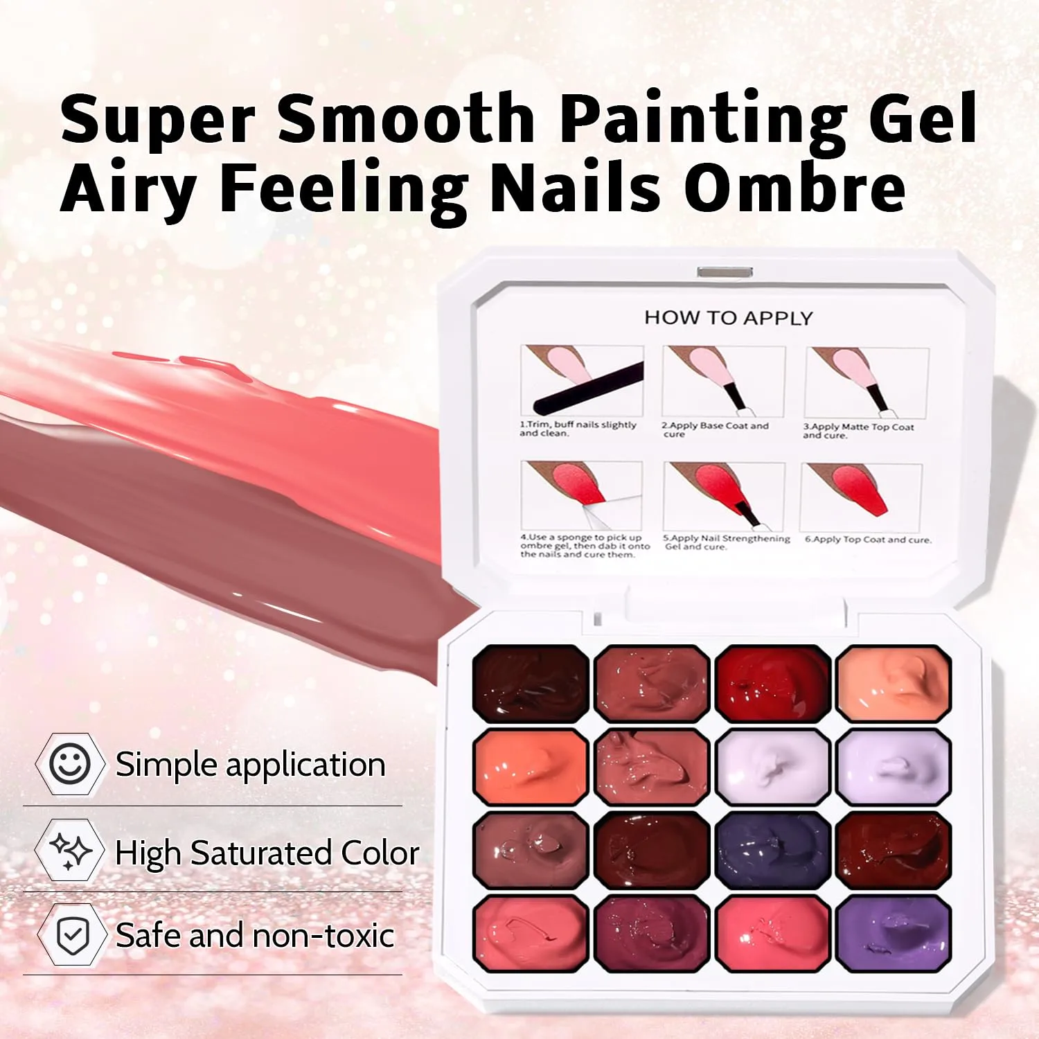 Sponge Pat Gel Nail Polish Palette, 16 Colors Blending Ombre Gel Polish Patting Gradient Painting Nails Art, No Wipe, UV/LED Cured (16 Colors F)