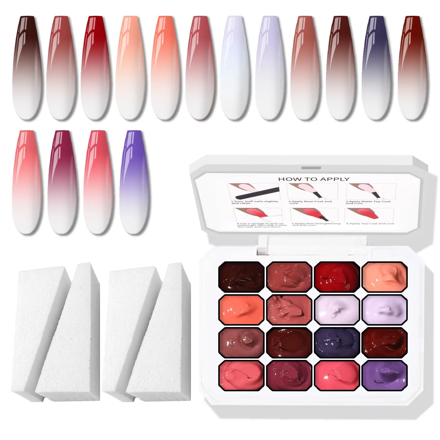Sponge Pat Gel Nail Polish Palette, 16 Colors Blending Ombre Gel Polish Patting Gradient Painting Nails Art, No Wipe, UV/LED Cured (16 Colors F)