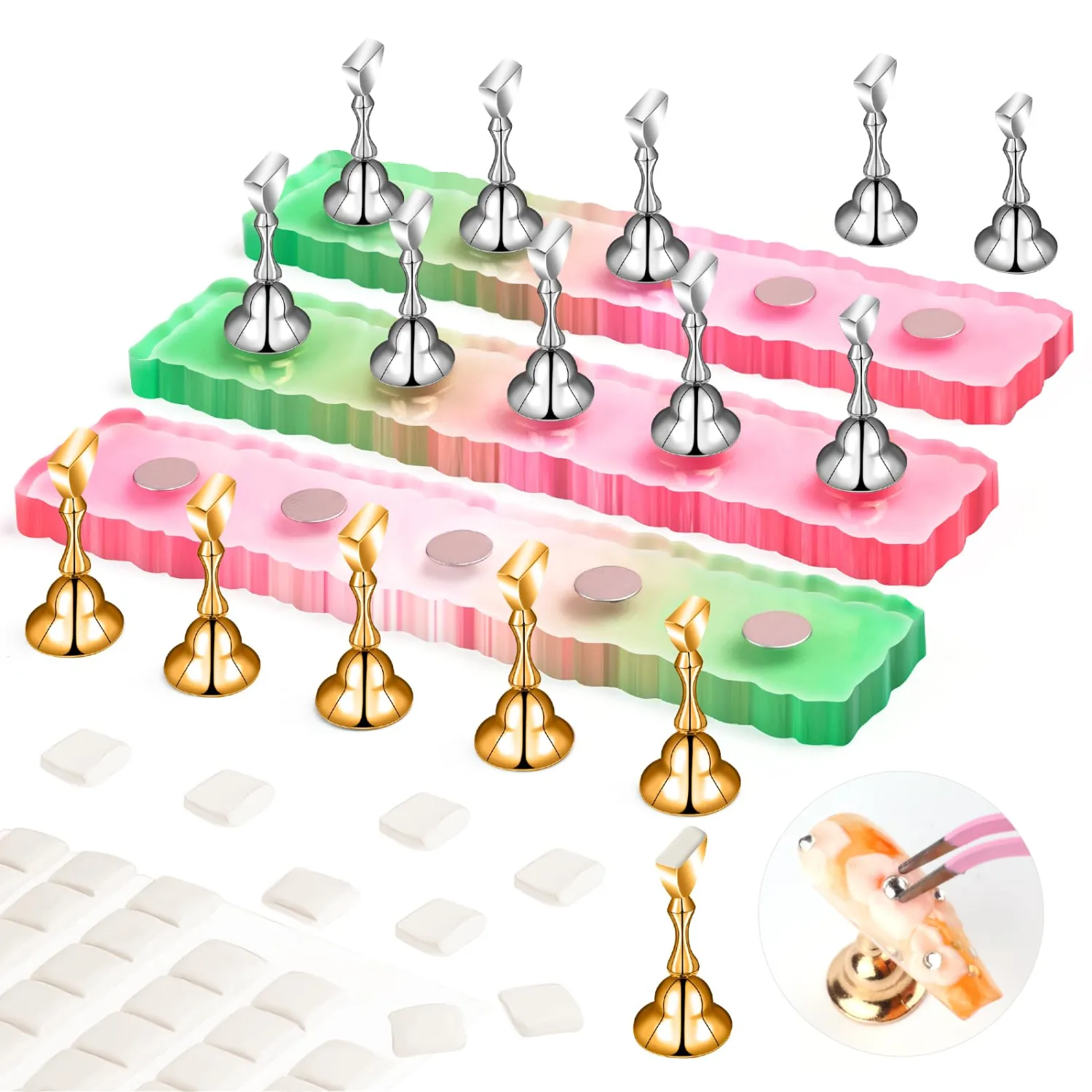 SAVILAND Nail Stand for Press Ons Display:15pcs Nail Stand Set 3X Strong Magnet Nail Holder for Painting Nails Fake Nails Flase Holder Iridescent Acrylic Nails Art Adhesive Putty Nail Tools Home DIY