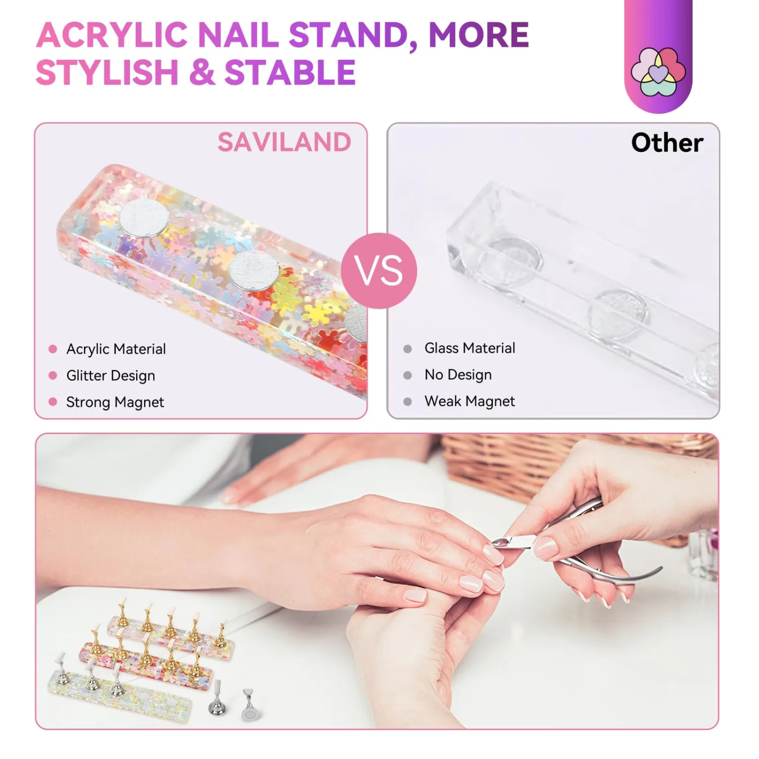SAVILAND Nail Stand for Press Ons: 3 Set Nail Stand Nail Holder for Painting Nails with 40 Pcs Reusable Adhesive Putty Press on Nail Stand Stylish Glitter Nail Stand for Nail Art Tools Salon Manicure